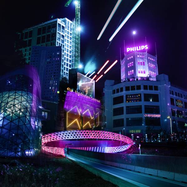Kunstwerk van Eindhoven met lichtelementen, lichttoren, fotografie